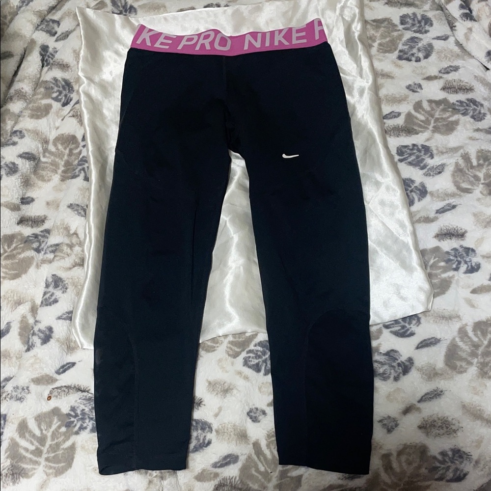Nike Pro Dri-Fit Black Leggings with Pink Waistband and Sheer detail